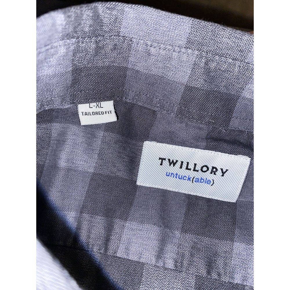 Twillory Shirt Mens L/XL Black Gray Check Plaid Untuckable Tailored Fit Button